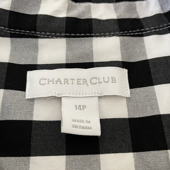 Charter Club Women's Petite Cotton Shirt 14P Black White Gingham Check Tie Front - Picture 4 of 6